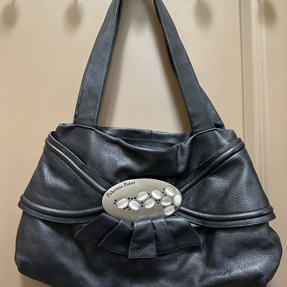 Elegant Black Leather Shoulder Bag with Embellished Detail